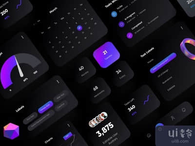 黑暗主题UI元素设计(Dark Theme UI Elements Design)