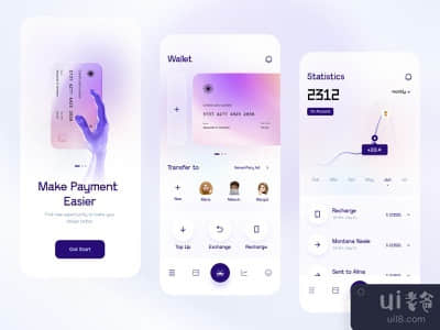 钱包应用（入职+首页+统计）。(wallet app (onboarding+ home+ statistics))