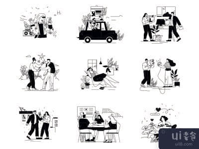 线描画风格的套装插图(Lineart style set illustrations)