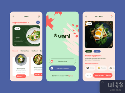 Veni - 食品配送的移动应用设计。(Veni - Mobile App Design for Food Delivery.)