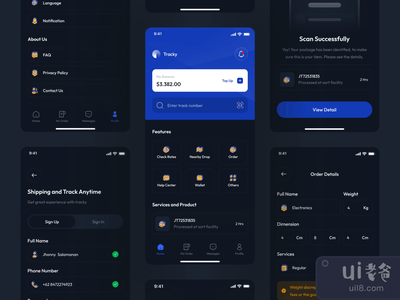 Tracky Darkmode - 航运移动应用UI套件(Tracky Darkmode - Shipping Mobile App UI Kits)