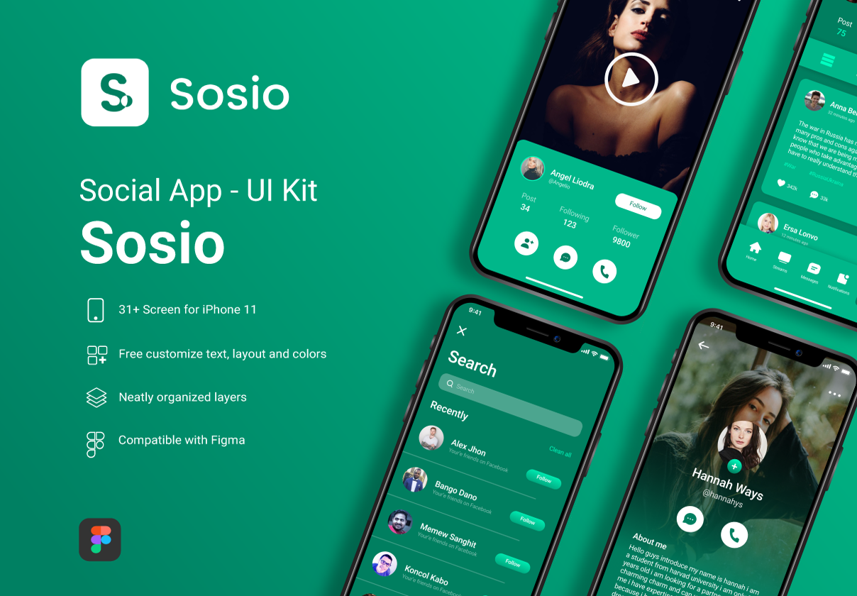 Sosio-社会应用移动UI工具包 (Sosio- Social Application Mobile UI Kit)