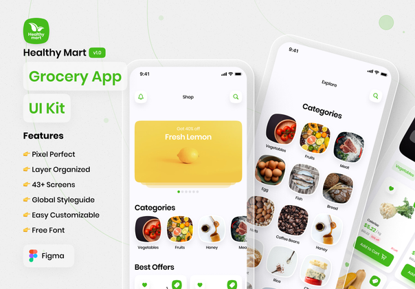 健康超市 - 杂货店应用UI设计套件 (Healthy Mart - Grocery App UI