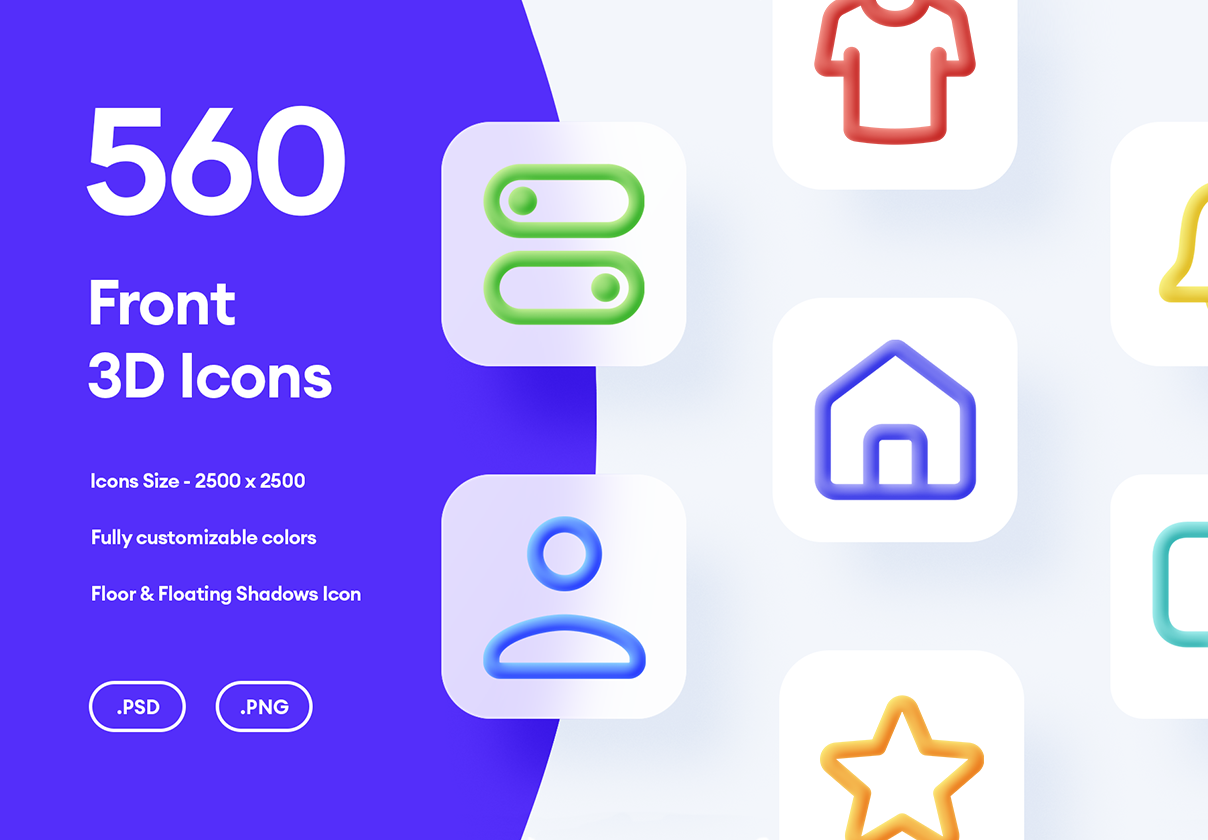 560个正面3D图标 (560 Front 3D Icons)
