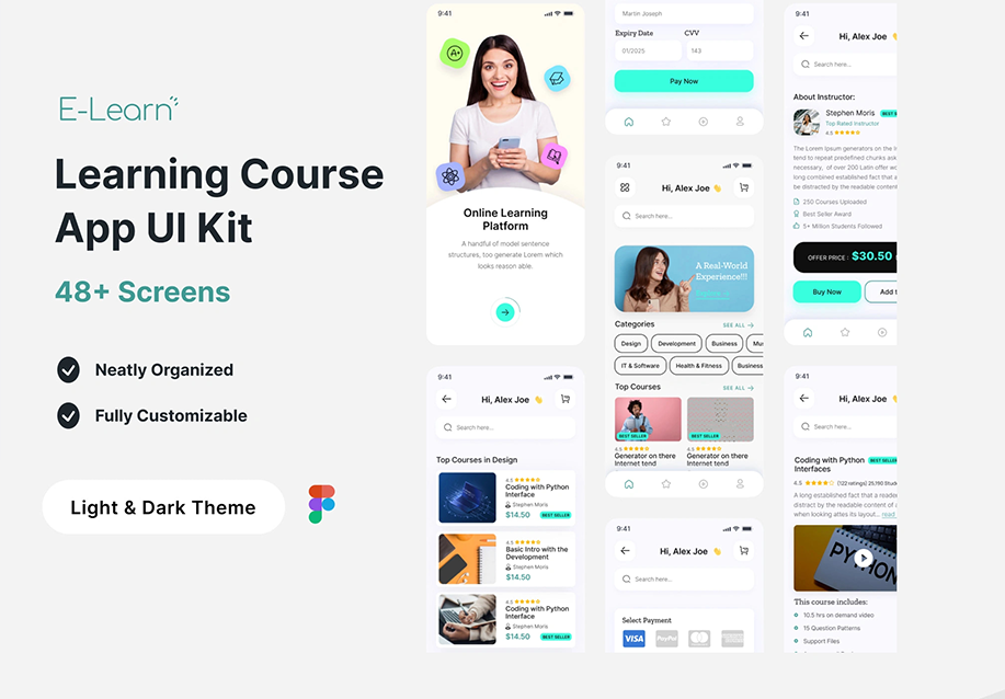 教育学习课程App UI Kit-E-learn (Education Learning Course App UI Kit-E-learn)