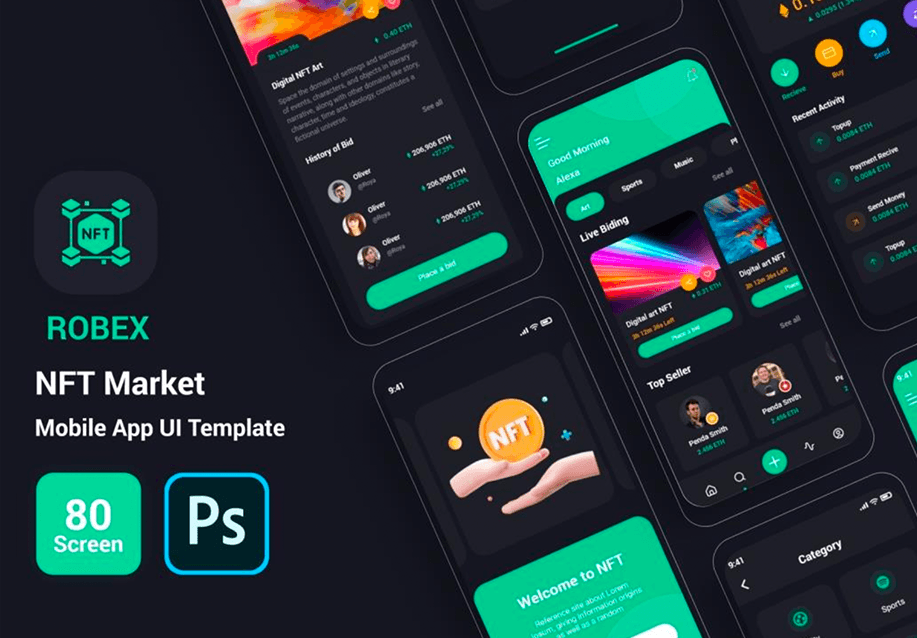 Robex - NFT市场移动应用UI模板 (Robex – NFT Market Mobile App UI Template)