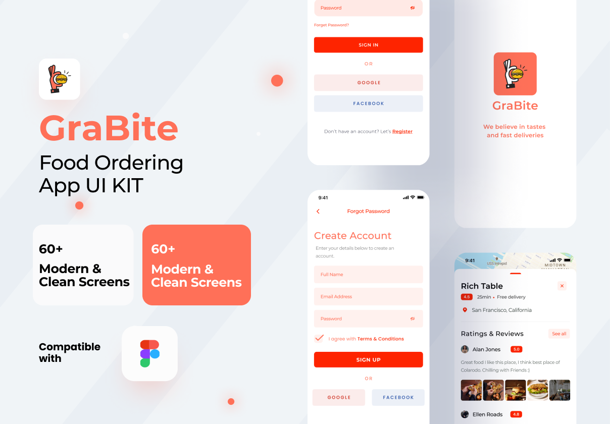 GraBite - 一个食品订购和交付的应用程序用户界面套件 (GraBite - A Food Order & Delivery App UI Kit)