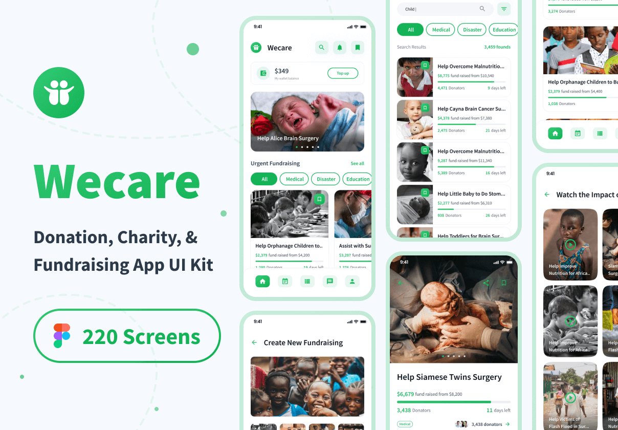 Wecare - 捐赠、慈善和筹款应用程序UI工具包 (Wecare - Donation, Charity, & Fundraising App UI Kit)