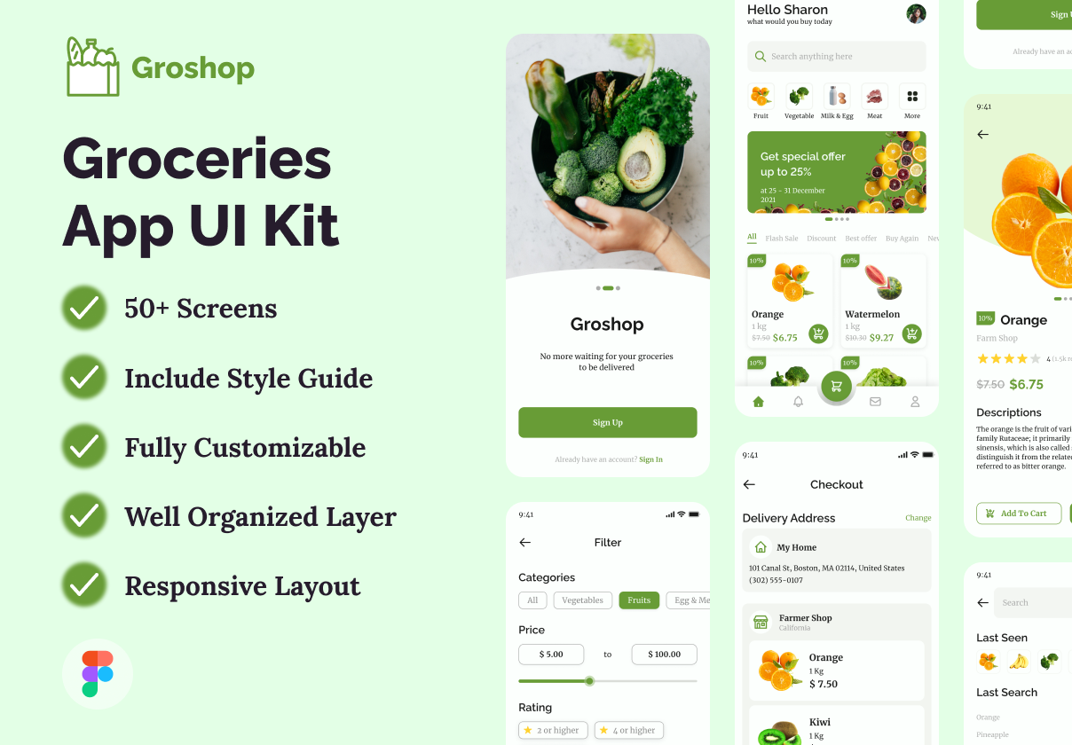 Groshop - 杂货店应用程序用户界面套件 (Groshop - Groceries App UI Kit)