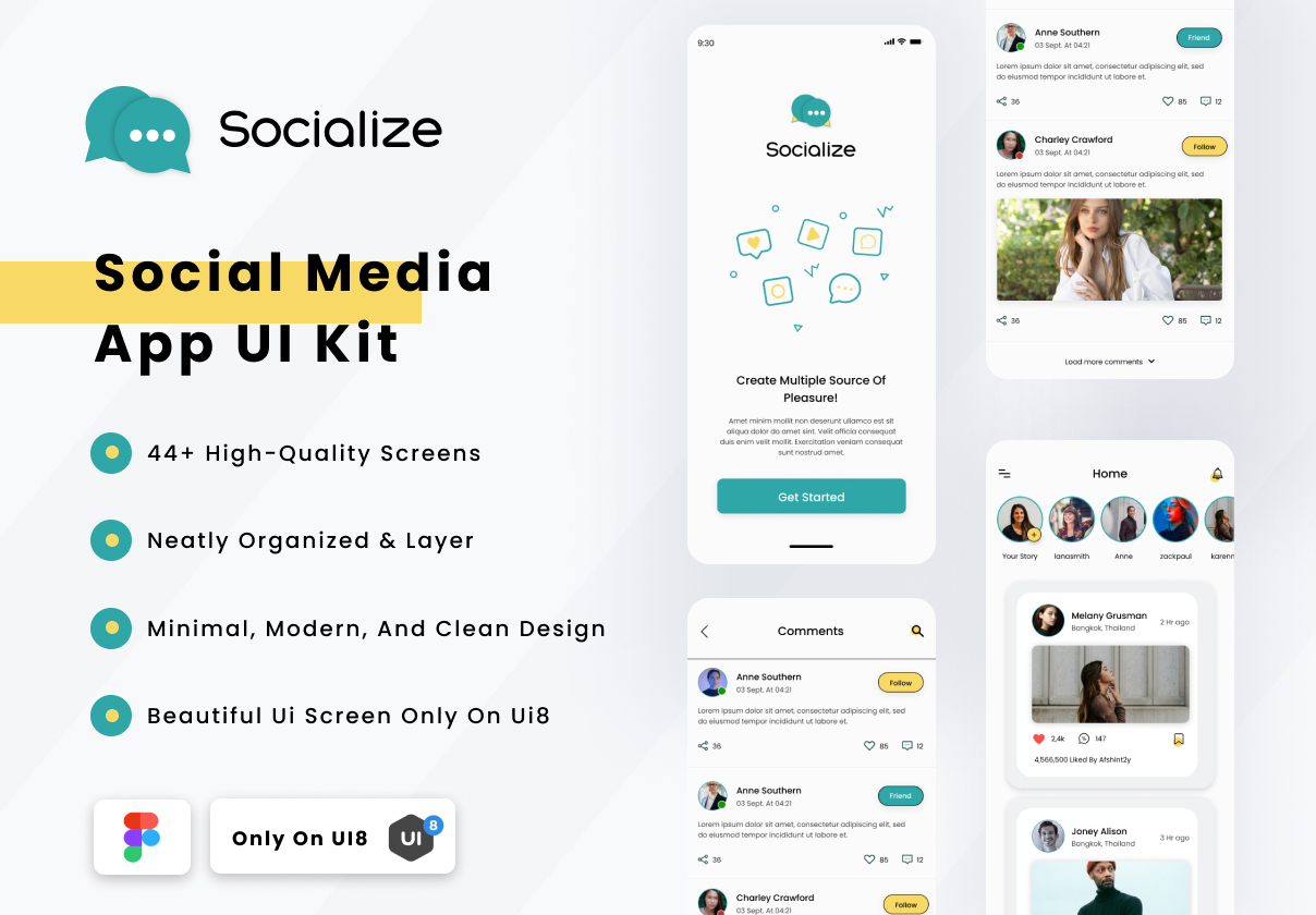 Socialize - 社交媒体移动应用UI工具包 (Socialize - Social Media Mobile App Ui Kit)