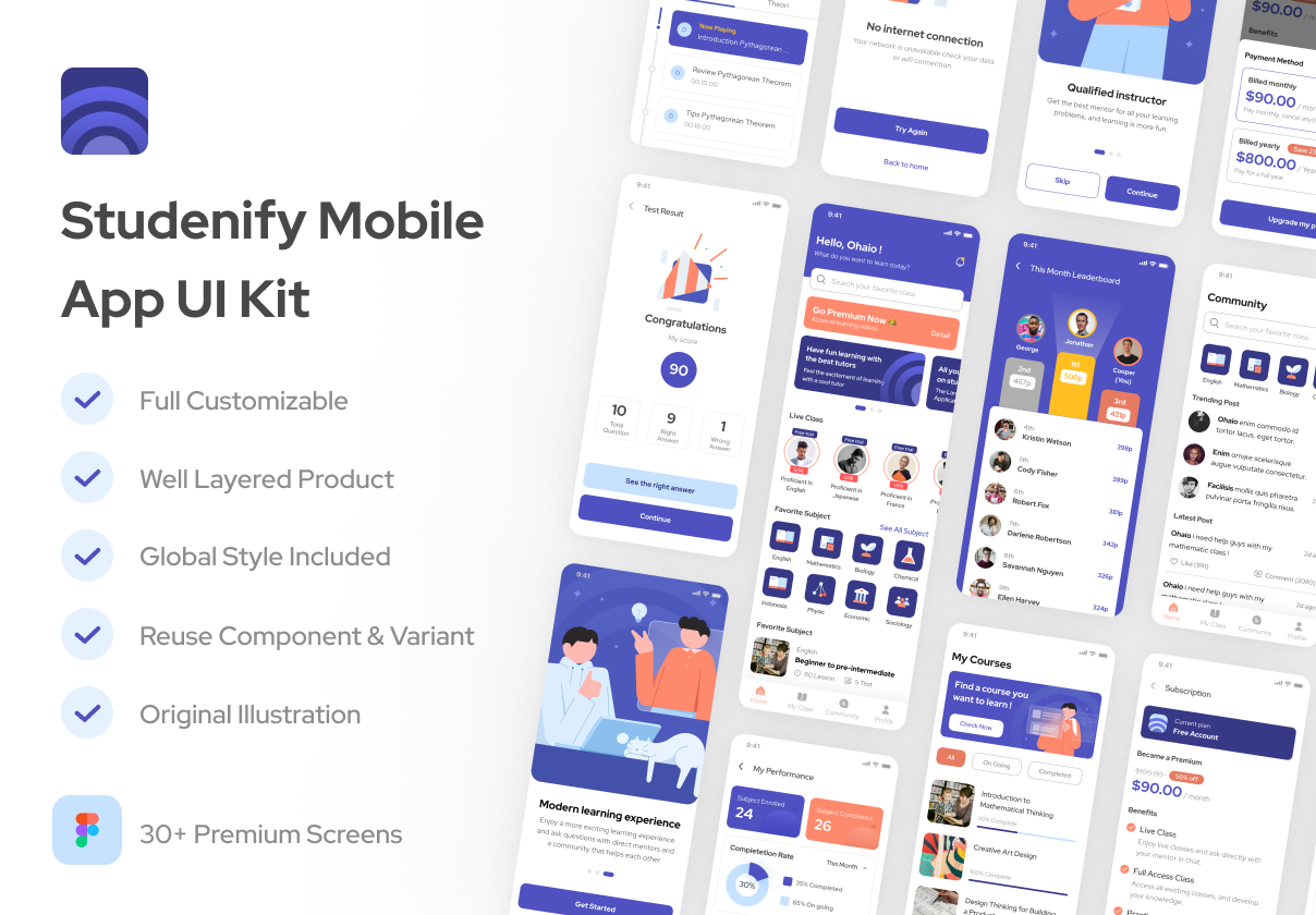 Studenify - 电子学习的移动UI工具包 (Studenify - Elearning Mobile UI Kit)