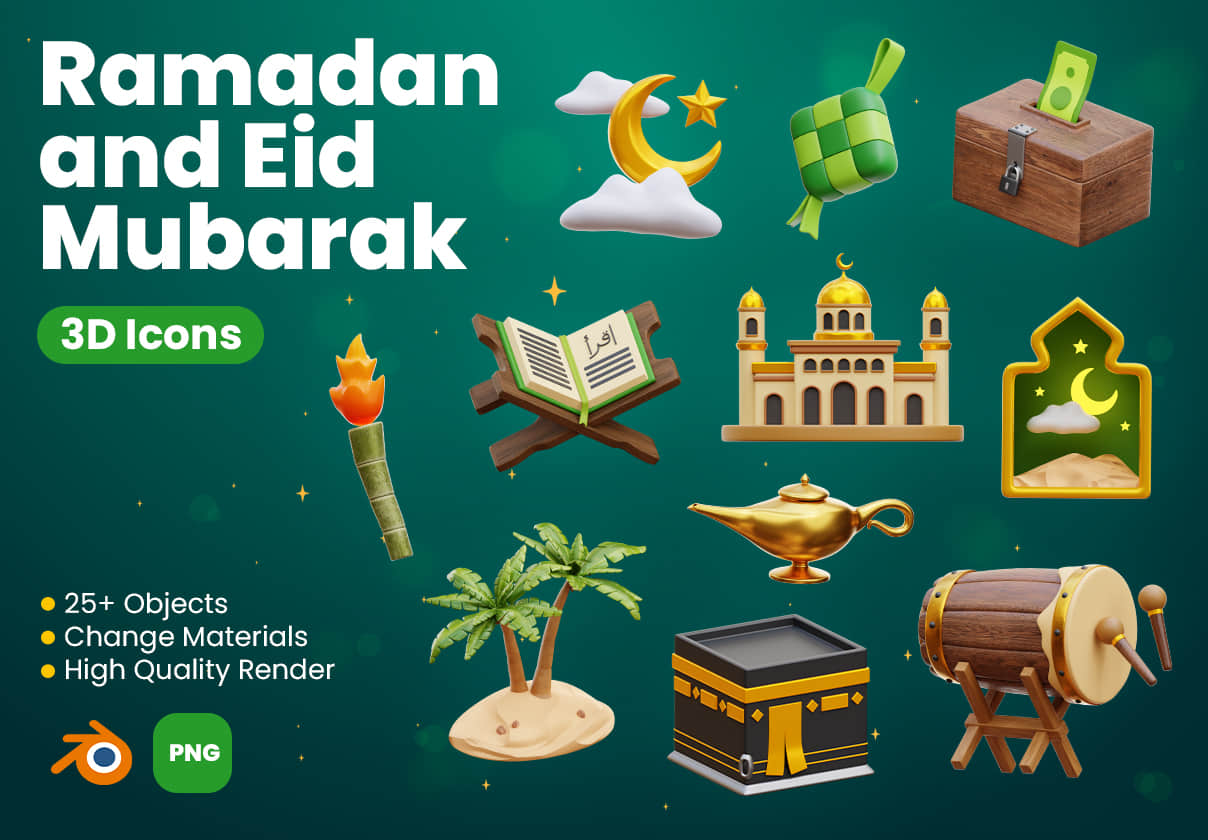 斋月和开斋节3D图标 (Ramadan and Eid Mubarak 3D Icons)