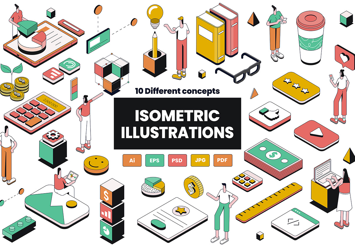 关于各种主题的等距插图 (Isometric Illustrations on various topics)