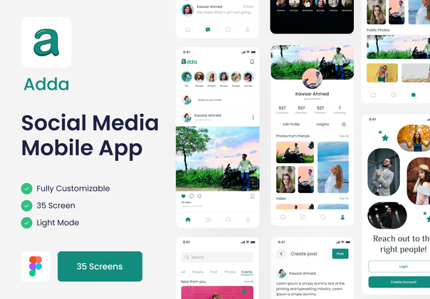 Adda - 社交网络移动应用UI工具包 (Adda - Social Network Mobile App UI Kit)