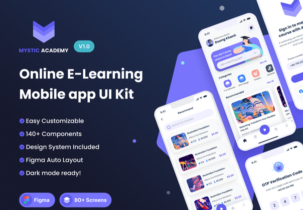 在线电子学习移动应用UI套件 (Online E-Learning Mobile app UI Kit)