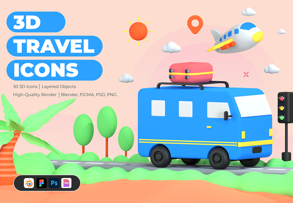 30个三维图标 插图 旅行和度假 (30 3D Icons Illustration Travel and Vacation)
