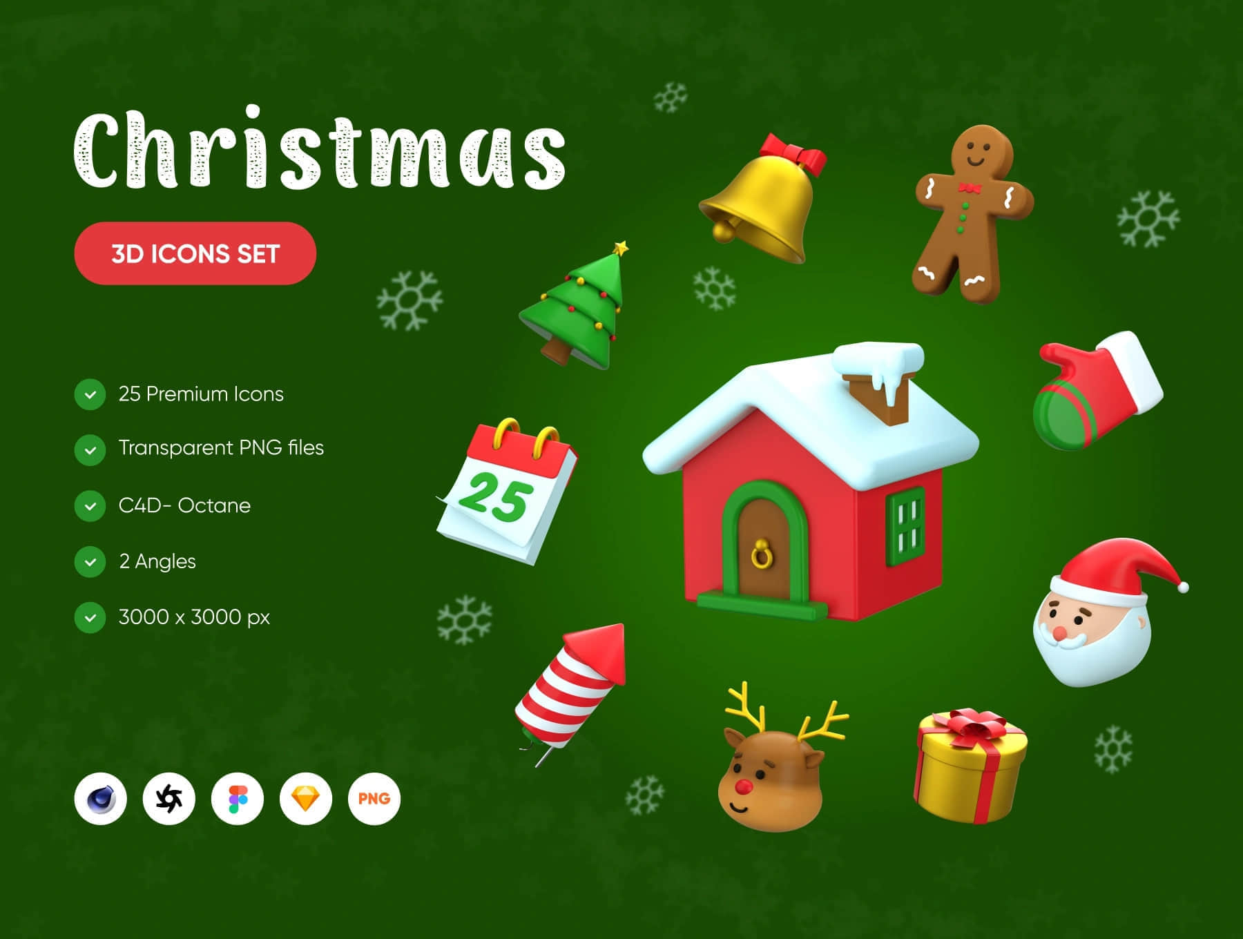 圣诞节3D图标集 (Christmas 3D Icons Set)