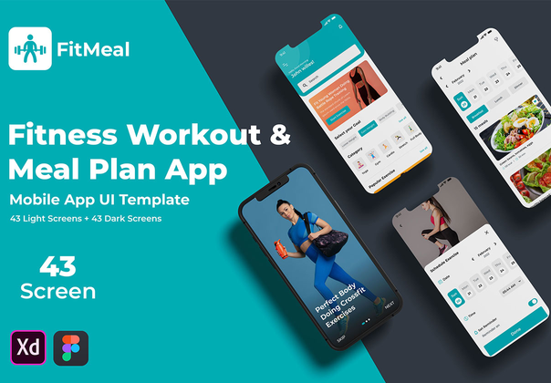 FitMeal - 锻炼和膳食计划的健身移动UI套件 (FitMeal - Workouts & Meal Planner Fitness Mobile UI Kit)