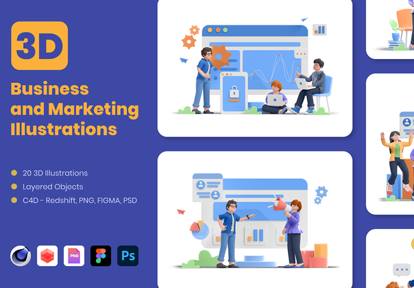 商业与营销 3D 插画 (Business and Marketing 3D Illustration)