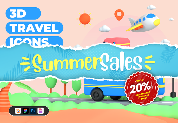 30 个 3D 图标插图：旅行与度假 (30 3D Icons Illustration Travel and Vacation)