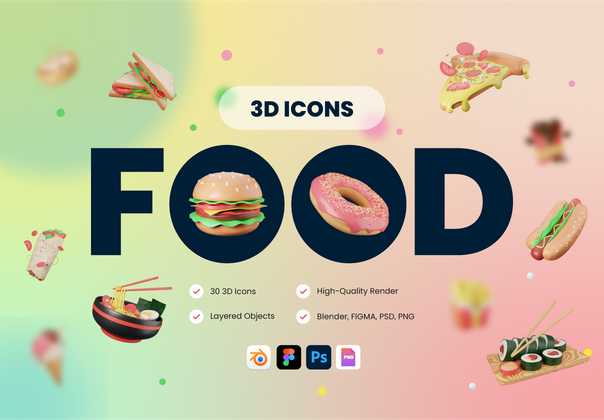 30 个 3D 食品和餐饮图标插图 (30 3D Food & Meals Icons Illustration)