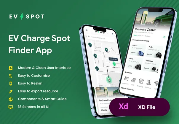 电动汽车充电站搜索应用UI XD文件EV Spot (EV Charging Station Finder App UI XD File EV Spot)