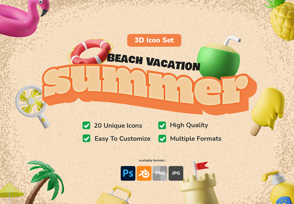 3D 图标集 - 夏季主题海滩假期 (3D Icon Set - Summer Theme Beach Vacation)