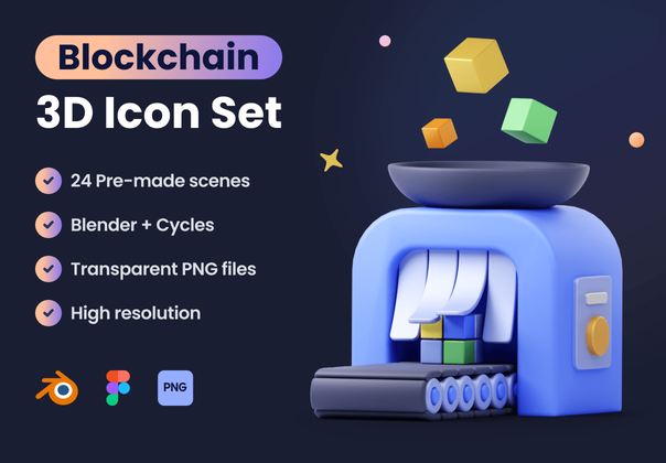 区块链3D图标集 (Blockchain 3D Icon Set)
