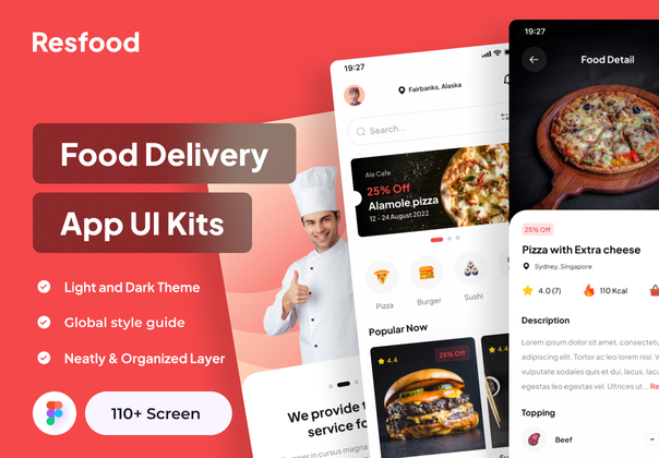 Resfood - 食品递送应用程序UI套件 (Resfood - Food Delivery App UI Kits)
