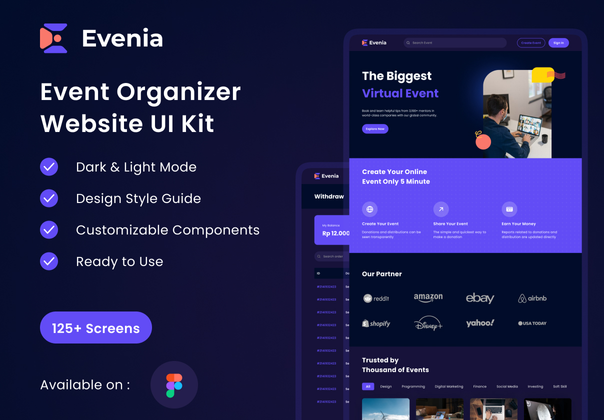 Evenia - 活动组织者市场网站用户界面套件 (Evenia - Event Organizer Marketplace Website UI Kit)