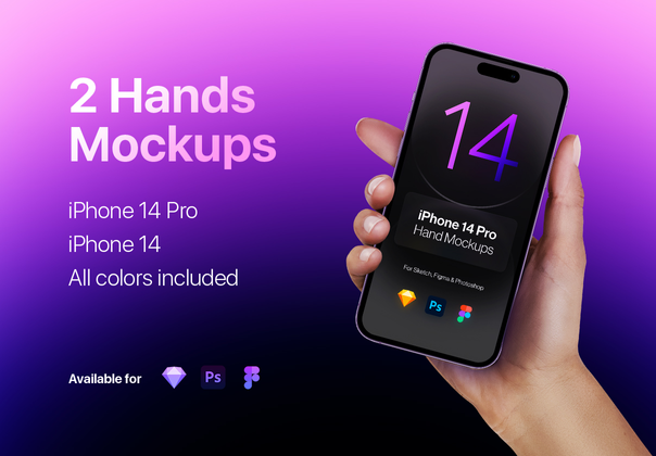 iPhone14专业版和iPhone14--两只手的模拟图 (iPhone 14 Pro & iPhone 14 - 2 Hands Mockups)