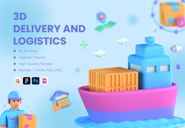 30个3D航运物流图标 (30 3D Shipping Logistics Icons)