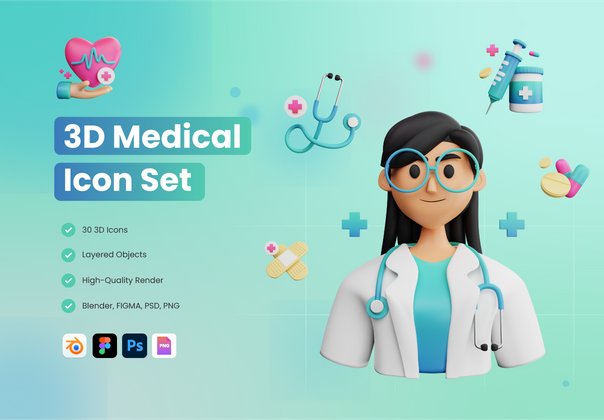 30个3D医疗和保健图标集 (30 3D Medical and Healthcare Icon Set)