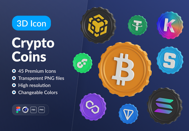 加密钱币3D图标集 (Crypto Coins 3D Icon Set)
