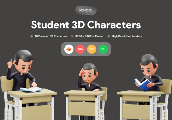 学生角色三维插图 (Student Character 3D Illustration)