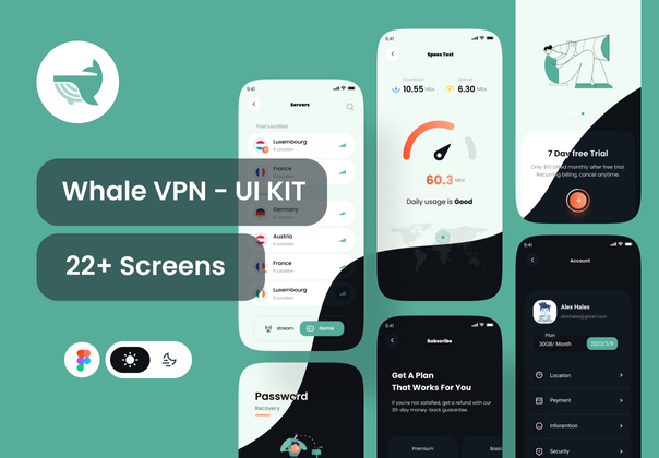 鲸鱼VPN--VPN移动应用UI KIT (Whale VPN - VPN Mobile App UI KIT)