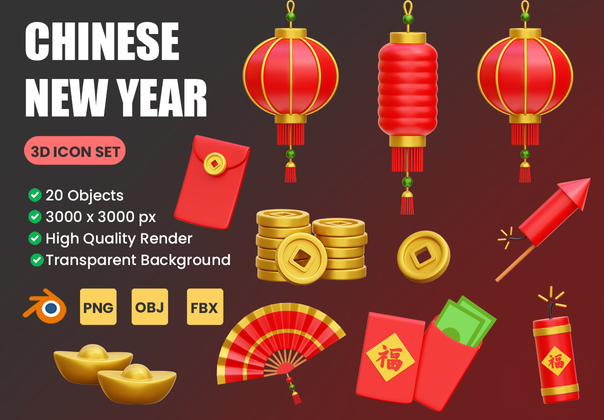 中国新年的3D图标插图 (Chinese New Year 3D Icon Illustrations)