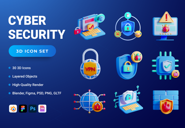 30个3D网络安全图标集 (30 3D Cyber Security Icon Set)