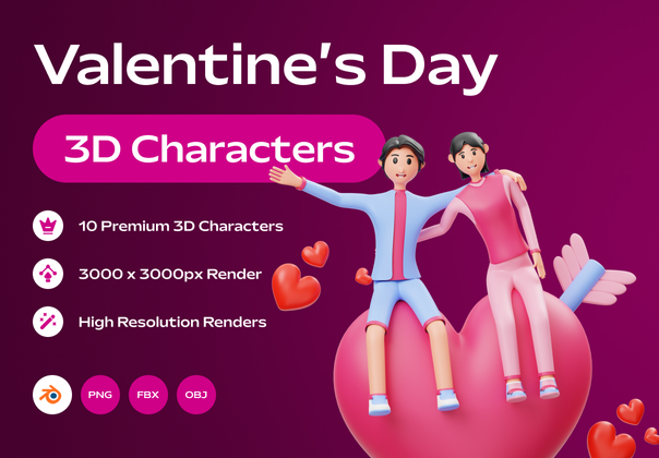 情人节情侣3D人物插图 (Valentine’s Couple 3D Character Illustration)