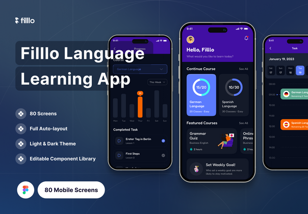 Filllo 语言学习应用程序 UI 工具包 (Filllo Language Learning App UI Kit)