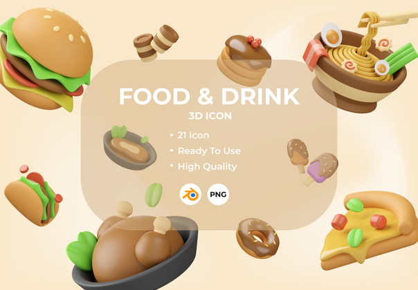 食品与饮料 3D 插画 (Food & Drink 3D Illustration)