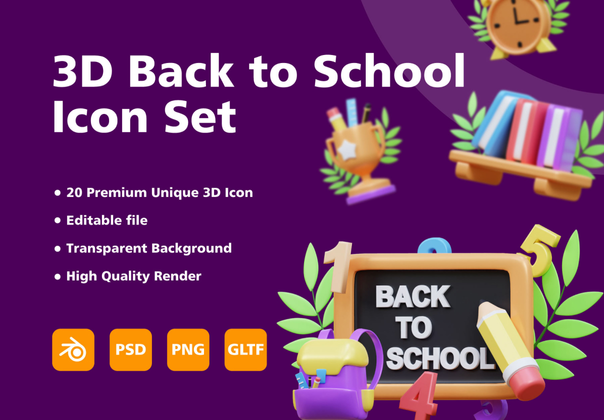 三维返校物品图标集 (3D Back to School Item icon set)