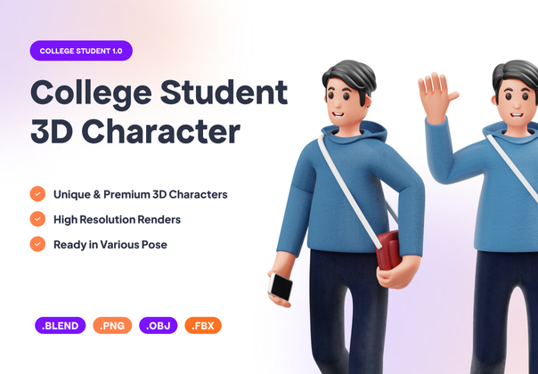 大学生 3D 角色插画 (College Student 3D Character Illustration)