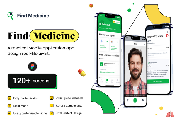 找药移动应用程序 Ui 套件设计 (Find Medicine Mobile App Ui Kit Design)