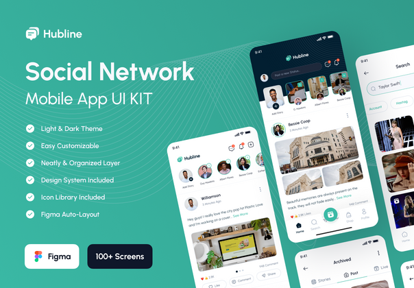 Hubline - 社交网络移动应用程序 UI 工具包 (Hubline - Social Network Mobile App UI Kit)