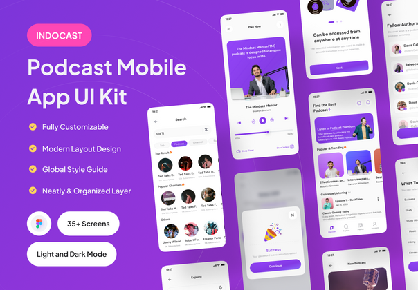 INDOCAST - 播客移动应用程序 UI 工具包 (INDOCAST - Podcast Mobile App UI Kit)