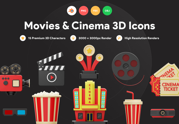 电影院和电影 3D 图标 (Cinema and Movie 3D Icon)