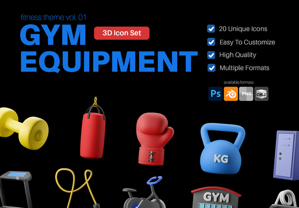 健身房设备 3D 图标包 (Fitness Gym Equipment 3D Icon Pack)