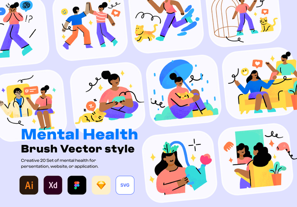 心理健康 - 画笔矢量插图 (Mental Health - Brush Vector Illustration)