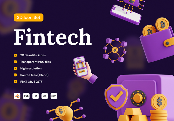 金融科技 3D 图标集 (Fintech 3D Icon Set)